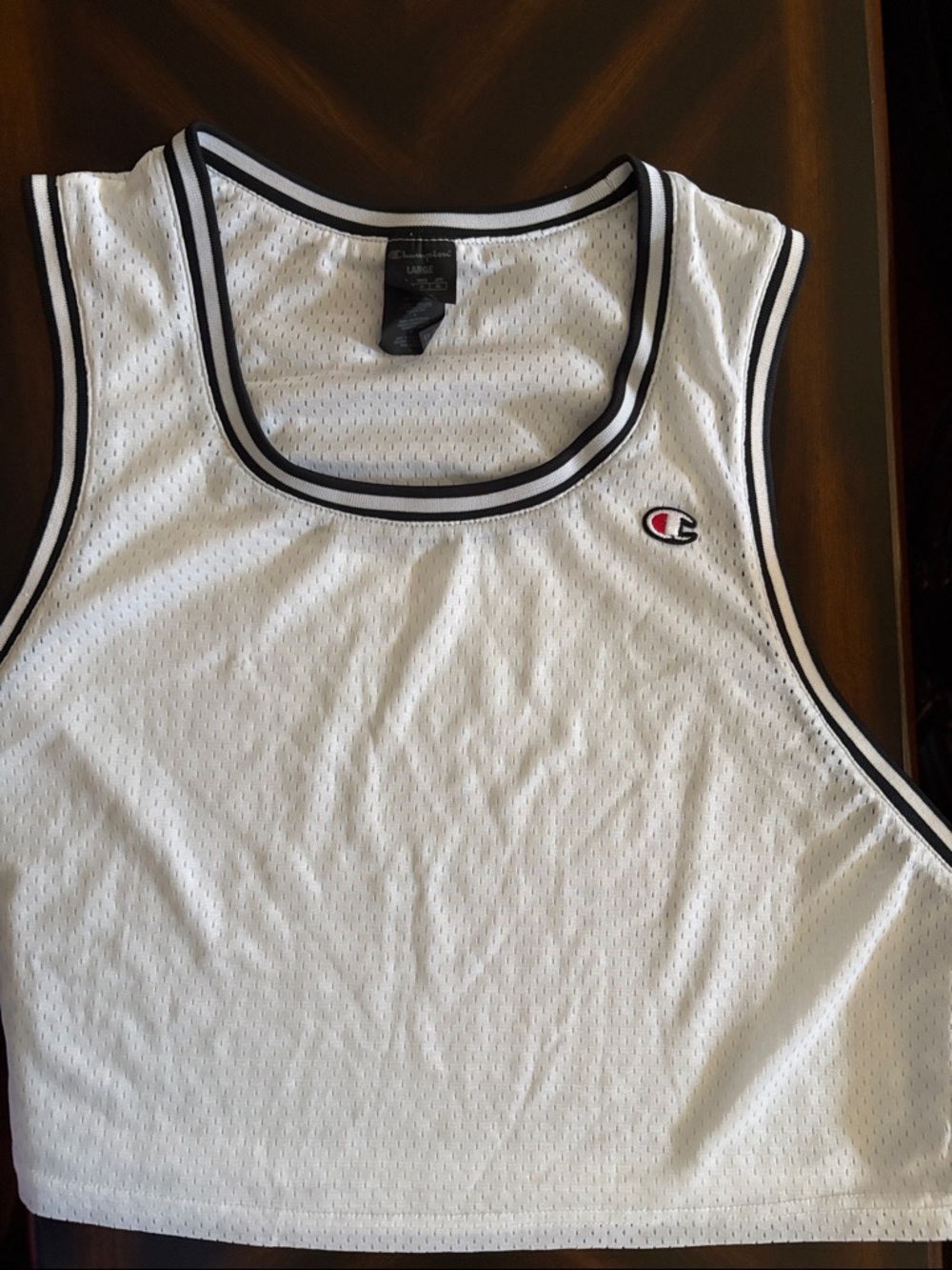 Champion White Mesh Cropped Tank with Black Trim and Logo